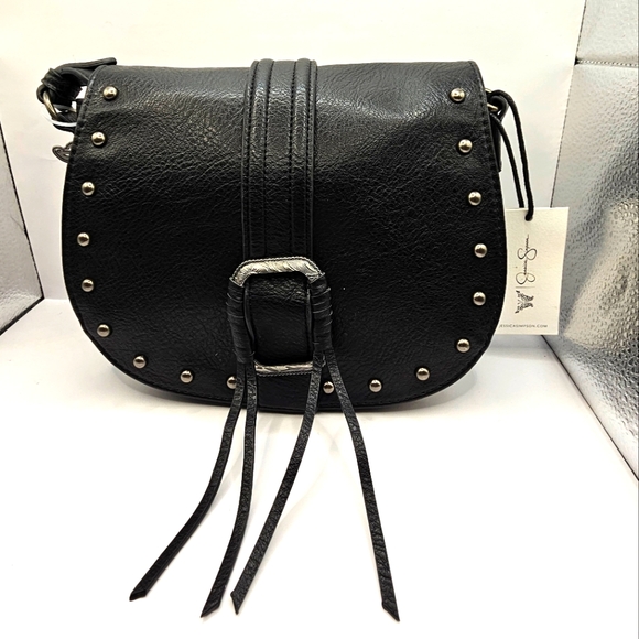 Jessica Simpson Black Studded Faux Leather Crossbody Saddle Bag NWT - Picture 1 of 10